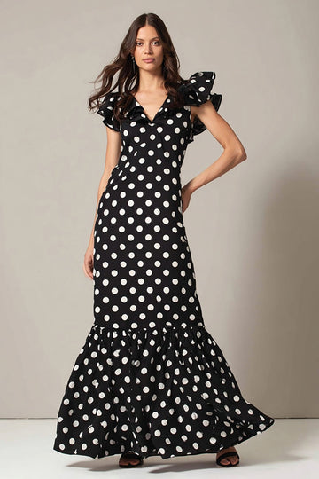 Noir Blanc À Pois Une Ligne Col en V Robe Longue Formelle avec Volants